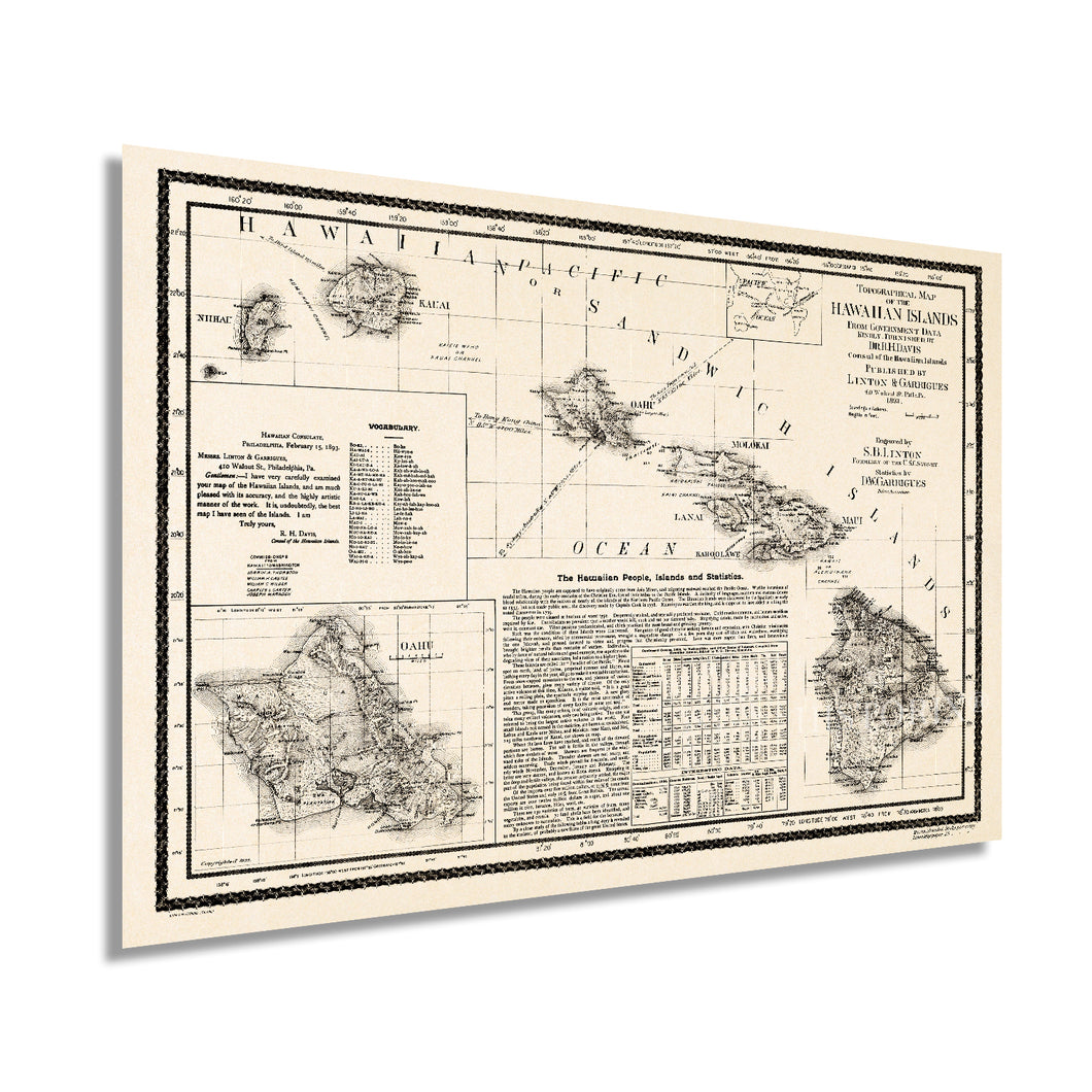 Digitally Restored and Enhanced - 1893 Map of Hawaii - Vintage Map of Hawaiian Islands Wall Art - Hawaii Vintage Map Includes Text and Statistical Data - Vintage Map Hawaii - Hawaii Map Poster