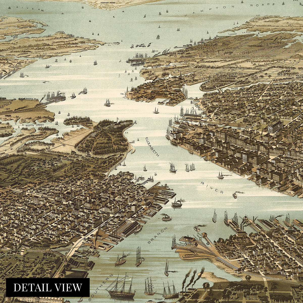 1892 Panorama Of Norfolk Virginia And Surroundings Map Wall Art Print