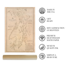 Load image into Gallery viewer, Digitally Restored and Enhanced 1889 Puget Sound Map - Vintage Map of Puget Sound Washington Wall Art - Includes Vintage Nautical Charts and Washington Lighthouses