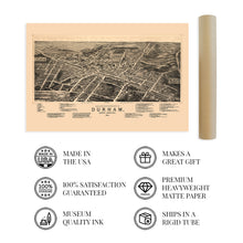 Load image into Gallery viewer, Digitally Restored and Enhanced 1891 Durham North Carolina Map - Old Durham Wall Art - History Map of Durham NC - Bird's Eye View of Durham NC Map Poster