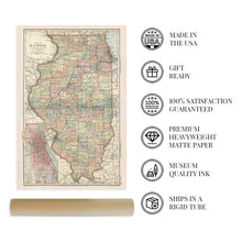 Load image into Gallery viewer, Digitally Restored and Enhanced 1891 Map of Illinois with Closeup of City of Chicago - Vintage Map of Illinois Wall Art - Illinois State Map - Illinois Wall Decor - Map of Illinois Poster