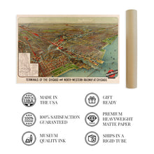 Cargar imagen en el visor de la galería, Digitally Restored and Enhanced 1902 Chicago Map Wall Art - Vintage Chicago Map Print - Map of Chicago and North Western Railway Terminals - Chicago Map Art - Chicago Vintage Poster