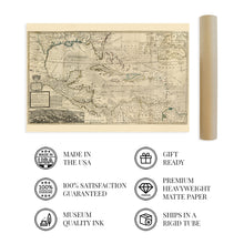 Load image into Gallery viewer, Digitally Restored and Enhanced 1715 Map of West Indies Islands of America - Vintage Map Wall Art - Shows what belongs to Spain, England, France and Holland - Old West Indies Art - Carribean Art