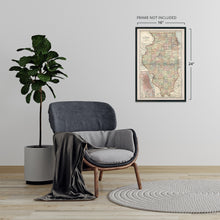 Load image into Gallery viewer, Digitally Restored and Enhanced 1891 Map of Illinois with Closeup of City of Chicago - Vintage Map of Illinois Wall Art - Illinois State Map - Illinois Wall Decor - Map of Illinois Poster