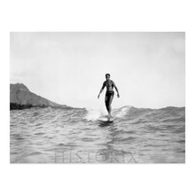 Load image into Gallery viewer, Digitally Restored and Enhanced 1929 The Surf Rider Photo Print - Restored Man Riding Wave on Surfboard - Honolulu Hawaii Surfing Poster Wall Art