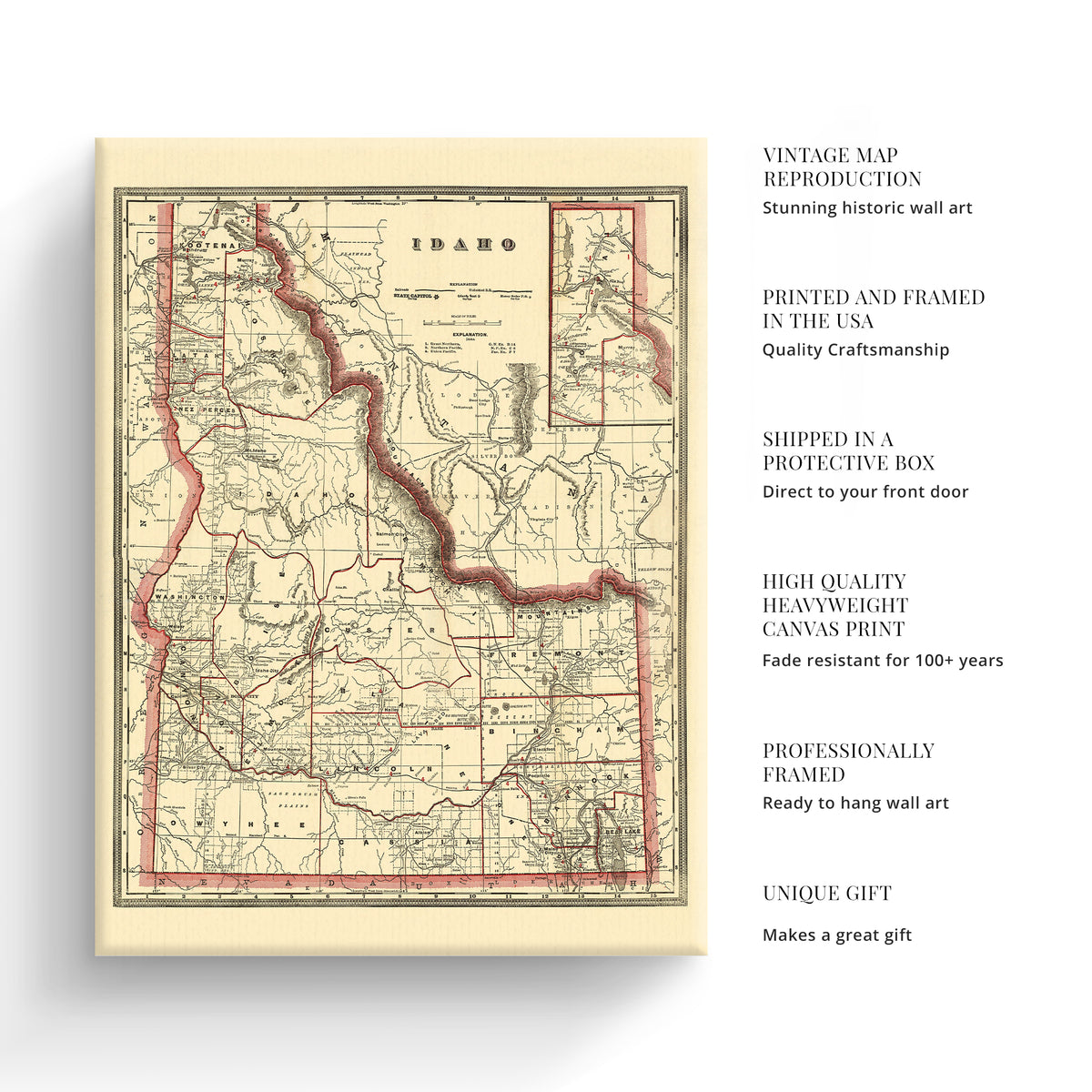1896 Township & Railroad Map of Idaho State Canvas Wall Art – Historic ...