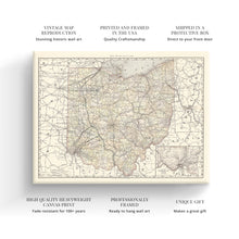 Cargar imagen en el visor de la galería, Digitally Restored and Enhanced 1894 Ohio Map Canvas Art - Canvas Wrap Vintage Ohio State Wall Art - History Map of Ohio State - Old Ohio Map Poster