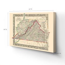 Cargar imagen en el visor de la galería, Digitally Restored and Enhanced 1863 Virginia & West Virginia Map Canvas - Canvas Wrap Vintage Virginia Wall Map History - Old West Virginia Wall Art