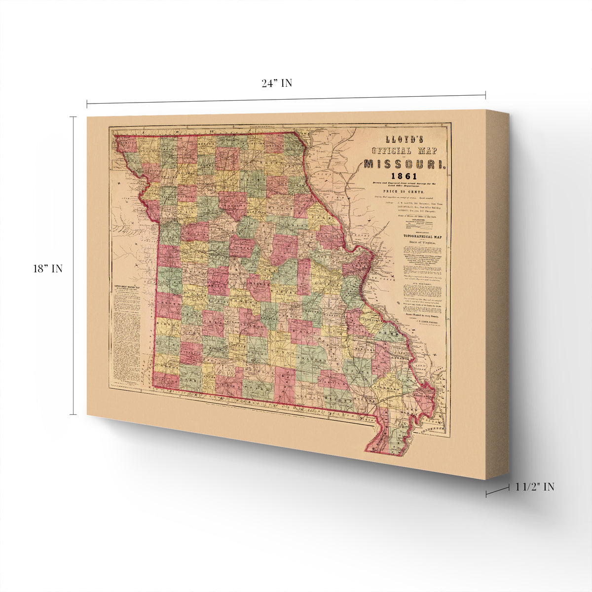 1861 Official Map of Missouri United States Canvas Wall Art Historic