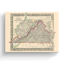 Cargar imagen en el visor de la galería, Digitally Restored and Enhanced 1863 Virginia & West Virginia Map Canvas - Canvas Wrap Vintage Virginia Wall Map History - Old West Virginia Wall Art
