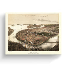 Cargar imagen en el visor de la galería, Digitally Restored and Enhanced 1877 Boston Canvas Art -Canvas Wrap Vintage Boston Poster - Old Map of Boston Wall Art - Restored Boston Massachusetts Map - Bird's Eye View of Boston From The North