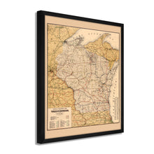 Cargar imagen en el visor de la galería, Digitally Restored and Enhanced 1900 Wisconsin Map Poster - Framed Vintage Wisconsin Wall Art - Old Railroad Map of Wisconsin Poster
