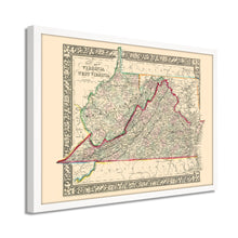 Cargar imagen en el visor de la galería, Digitally Restored and Enhanced 1863 Virginia & West Virginia Map - Framed Vintage Virginia Wall Map - Old West Virginia Wall Art
