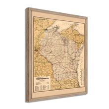Cargar imagen en el visor de la galería, Digitally Restored and Enhanced 1900 Wisconsin Map Poster - Framed Vintage Wisconsin Wall Art - Old Railroad Map of Wisconsin Poster