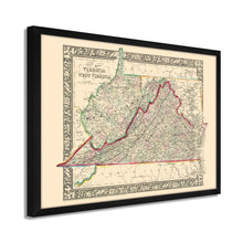 Cargar imagen en el visor de la galería, Digitally Restored and Enhanced 1863 Virginia & West Virginia Map - Framed Vintage Virginia Wall Map - Old West Virginia Wall Art