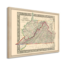 Cargar imagen en el visor de la galería, Digitally Restored and Enhanced 1863 Virginia & West Virginia Map - Framed Vintage Virginia Wall Map - Old West Virginia Wall Art