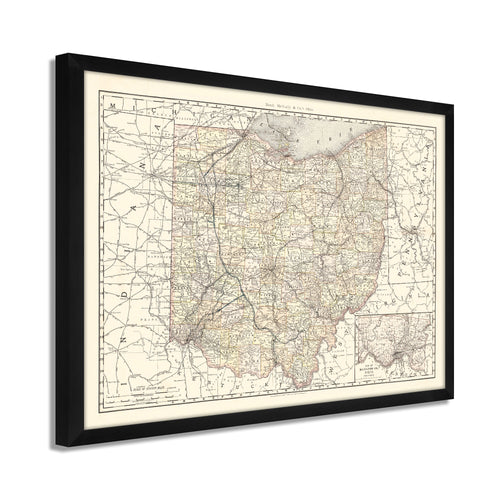 Digitally Restored and Enhanced 1894 Ohio Map Poster - Framed Vintage Ohio State Wall Art - History Map of Ohio State Poster Print