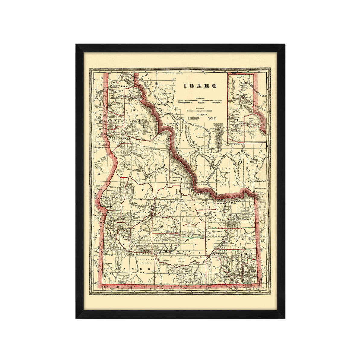 1896 Township & Railroad Map of Idaho State Framed Wall Art – Historic ...
