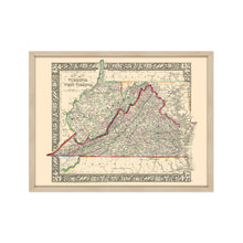 Cargar imagen en el visor de la galería, Digitally Restored and Enhanced 1863 Virginia & West Virginia Map - Framed Vintage Virginia Wall Map - Old West Virginia Wall Art