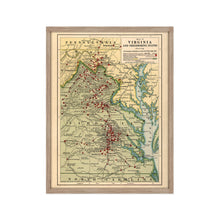 Load image into Gallery viewer, Digitally Restored and Enhanced 1912 Virginia Map Poster - Framed Vintage Virginia State Map - Old Virginia Wall Art - Map of Virginia Poster Showing Location of Battles in Civil War