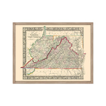 Cargar imagen en el visor de la galería, Digitally Restored and Enhanced 1863 Virginia & West Virginia Map - Framed Vintage Virginia Wall Map - Old West Virginia Wall Art