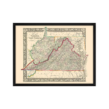 Cargar imagen en el visor de la galería, Digitally Restored and Enhanced 1863 Virginia & West Virginia Map - Framed Vintage Virginia Wall Map - Old West Virginia Wall Art