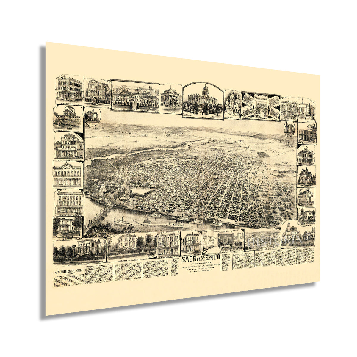 1890 Sacramento California Bird's Eye View Map Wall Art Print