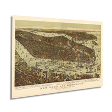 Load image into Gallery viewer, Digitally Restored and Enhanced - 1892 Map of New York and Brooklyn with Jersey City and Hoboken Waterfront - NYC Vintage Map Wall Art Panoramic Birds Eye View Map of New York Poster - NYC Decor