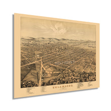 Load image into Gallery viewer, 1874 Kalamazoo Michigan Map - Old Map of Michigan - History Map of Kalamazoo Michigan - Bird's Eye View of Kalamazoo Michigan Wall Art Poster