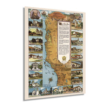 Load image into Gallery viewer, Digitally Restored and Enhanced 1949 California Missions Trail Map - California Missions Map Illustrating 21 Spanish Mission Buildings - Junipero Serra - California History Wall Art Poster Print