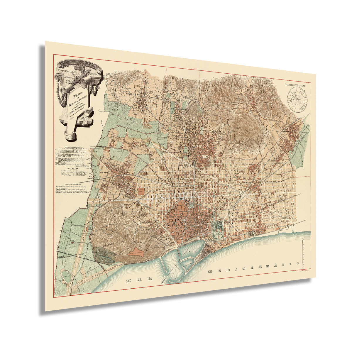 Old bird's eye top view of Barcelona, 1720, rare, fine reproduction, large map, fine art print, oversize map print