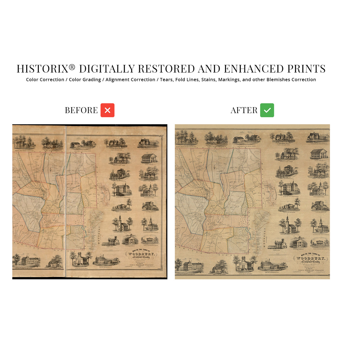 1853 Map of the Town of Woodbury Connecticut Wall Art Print