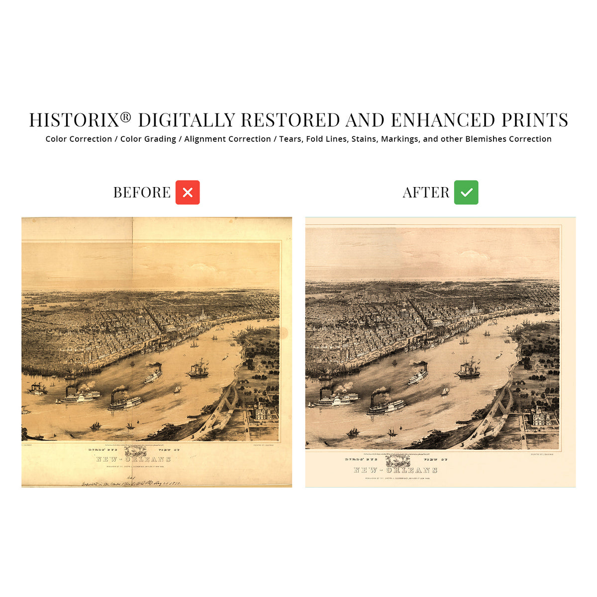 HISTORIX Vintage 1851 New Orleans Map Print - 18x24 Inch Wall Art, Historic Bird's Eye View Poster - View #3