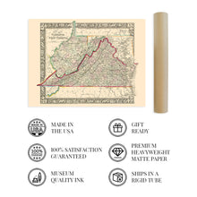 Load image into Gallery viewer, Digitally Restored and Enhanced 1863 Virginia and West Virginia Map - Vintage Map of Virginia Poster and West Virginia Wall Map - Old County Map of Virginia and West Virginia