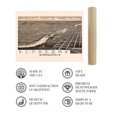 Cargar imagen en el visor de la galería, Digitally Restored and Enhanced 1879 Minneapolis Minnesota Map Poster - Vintage Minneapolis Map Print - Old Minneapolis Wall Art - Panoramic View of Minneapolis MN Looking North West