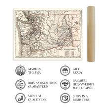 Load image into Gallery viewer, Digitally Restored and Enhanced 1888 Map of Washington State Vintage Map of Washington State Wall Art - Washington State Wall Decor - Cram's Township and Railroad Map Washington State