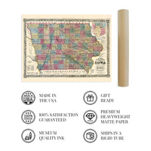 Load image into Gallery viewer, Digitally Restored and Enhanced 1856 Iowa State Map Poster - Vintage Map of Iowa Wall Art Print - Exhibiting Iron Lead Copper Coal Rail Roads and Other Geological Resources - Iowa Wall Decor