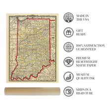 Load image into Gallery viewer, Digitally Restored and Enhanced 1888 Indiana State Map - Vintage Map of Indiana Wall Art - Vintage Indiana Map Poster with County, City, Town and Railroad Map - Indiana Wall Map