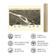 Load image into Gallery viewer, Digitally Restored and Enhanced 1882 Aurora Illinois Map Poster - Vintage Map of Aurora Illinois Wall Art - Chicagoland Map History - Old Bird's Eye View Map of Illinois Chicago Metropolitan Area