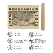 Load image into Gallery viewer, Digitally Restored and Enhanced 1893 Tacoma Washington Map Poster - Vintage Map of Puget Sound - Old Washington State Map Poster - Historic Pierce County Map - Bird's Eye View of Tacoma Wall Art