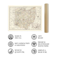 Cargar imagen en el visor de la galería, Digitally Restored and Enhanced 1894 Ohio Map Poster - Vintage Map of Ohio State Wall Decor - Ohio State Map - Old Ohio State Poster Showing Counties and Railroad Lines - Ohio State Wall Art