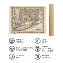 Load image into Gallery viewer, Digitally Restored and Enhanced 1859 Connecticut State Map with Portions of New York & Rhode Island - Vintage Map of Connecticut Wall Art - Old Map of CT - Connecticut Map Poster Decor