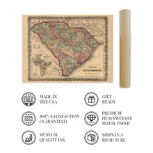 Load image into Gallery viewer, Digitally Restored and Enhanced 1865 Map of South Carolina - South Carolina Vintage Map Wall Art - Old South Carolina Map Showing Cities Towns Roads Railroads Rivers and Forts - SC Map Print