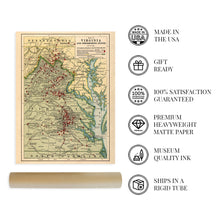 Load image into Gallery viewer, Digitally Restored and Enhanced 1912 American Civil War Battle Map - Vintage Map of Virginia and Neighboring States Showing Civil War Battle Locations 1861-1865 - US Civil War Map Poster Print