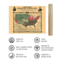 Load image into Gallery viewer, Digitally Restored and Enhanced 1856 United States Political Map - Pre Civil War Map Displaying Free and Slave States and Territory Open to Slavery or Freedom with Statistics - US History Map
