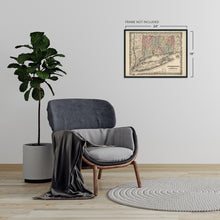 Load image into Gallery viewer, Digitally Restored and Enhanced 1859 Connecticut State Map with Portions of New York & Rhode Island - Vintage Map of Connecticut Wall Art - Old Map of CT - Connecticut Map Poster Decor