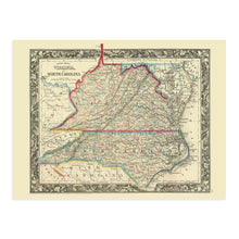 Load image into Gallery viewer, Digitally Restored and Enhanced 1860 County Map of Virginia and North Carolina - Virginia County Map Poster - Old Wall Map of North Carolina County