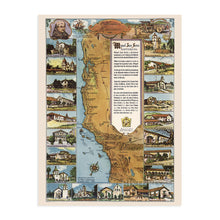 Load image into Gallery viewer, Digitally Restored and Enhanced 1949 California Missions Trail Map - California Missions Map Illustrating 21 Spanish Mission Buildings - Junipero Serra - California History Wall Art Poster Print
