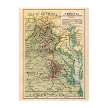 Load image into Gallery viewer, Digitally Restored and Enhanced 1912 American Civil War Battle Map - Vintage Map of Virginia and Neighboring States Showing Civil War Battle Locations 1861-1865 - US Civil War Map Poster Print