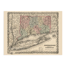 Load image into Gallery viewer, Digitally Restored and Enhanced 1859 Connecticut State Map with Portions of New York & Rhode Island - Vintage Map of Connecticut Wall Art - Old Map of CT - Connecticut Map Poster Decor